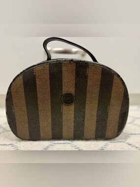 FENDI Vintage Pequin Stripe Brown Black Coated Canvas Vanity Case Cosmetic Bag